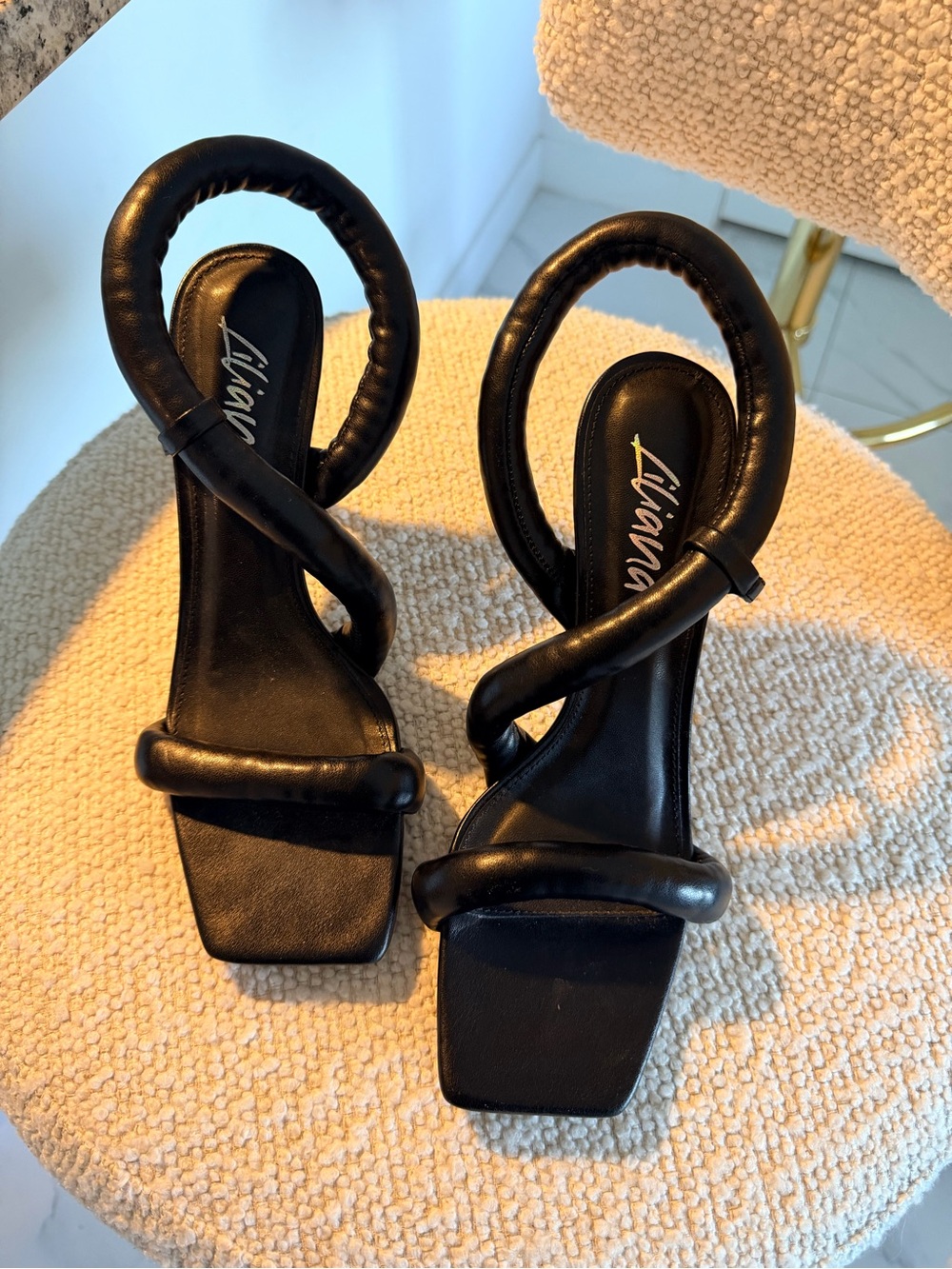 Black Strappy Square-Toe Heeled Sandals